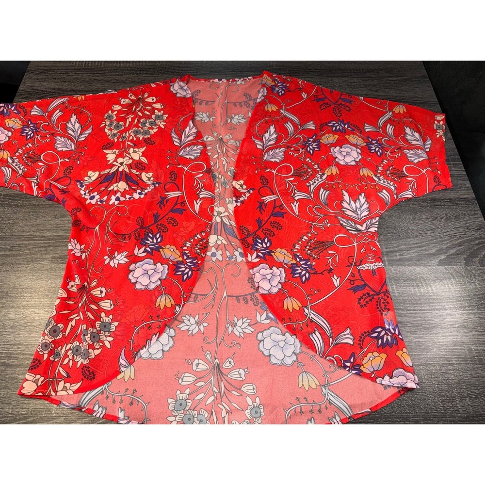 Womens Red Floral Chiffon Kimono Cardigan Open Front Boho Sheer Coverup High Low